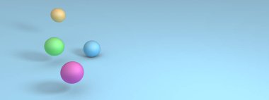 Renkli toplar mavi bir yüzeyde zıplıyorlar. 3B görüntüleme.