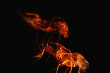 Siyah arka planda turuncu duman. Renkli duman. Duman turuncu ışıkla aydınlatılıyor. Tuhaf heceleyici alevler.