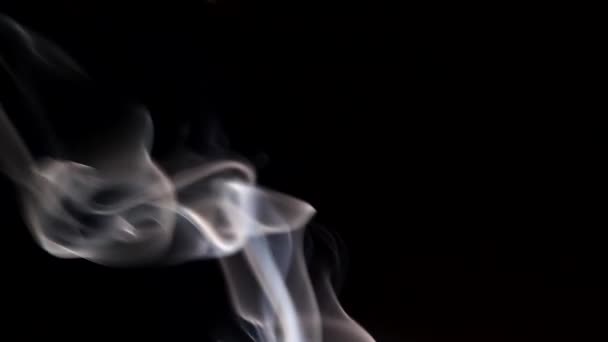 Fumo che scorre al buio da un bastone di incenso in fiamme. Riccioli stravaganti di fumo su uno sfondo scuro. — Video Stock