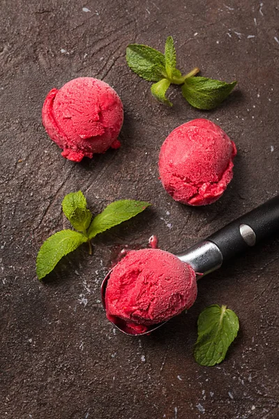 Raspberry Red Ice Cream Balls Ice Cream Spoon Mint Black — Stock Photo, Image