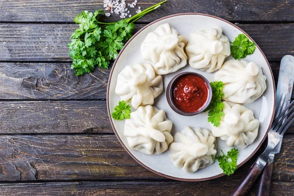 Georgian Dumplings Khinkali Meat Greens Tomato Spicy Sauce Satsebeli Top — Stock Photo, Image