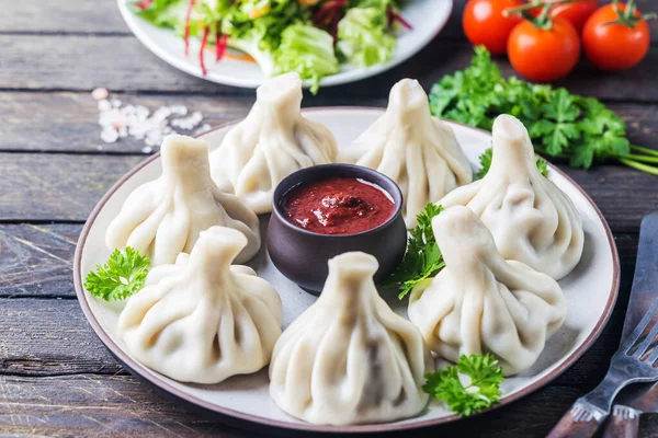 Georgian Dumplings Khinkali Meat Greens Tomato Spicy Sauce Satsebeli White — Stock Photo, Image