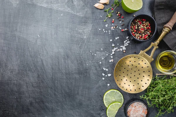 Various Seasonings Spices Herbs Ingredients Cooking Food Background Black Table — Stock Photo, Image