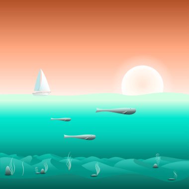 Okyanusta yüzerken balinaların ailesi, deniz hayatından bir sahne. Vektör Illustration