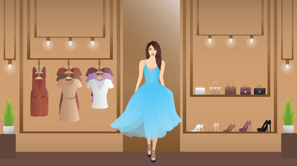 The woman in a clothing store. Women's shopping. Beautiful, stylish woman and clothing store, boutique.  Vector clothing shop. Vector illustration