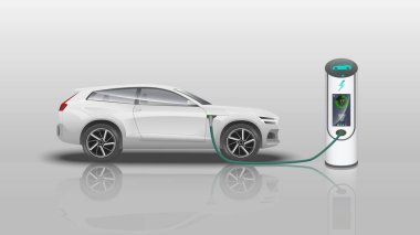 Realistic  electrical car. Electric car charging station isolate clipart