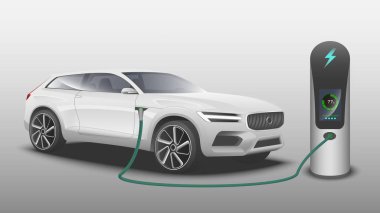 Elektrikli araba ve şarj istasyonu. Ekoloji taşımacılığı ve yeşil e