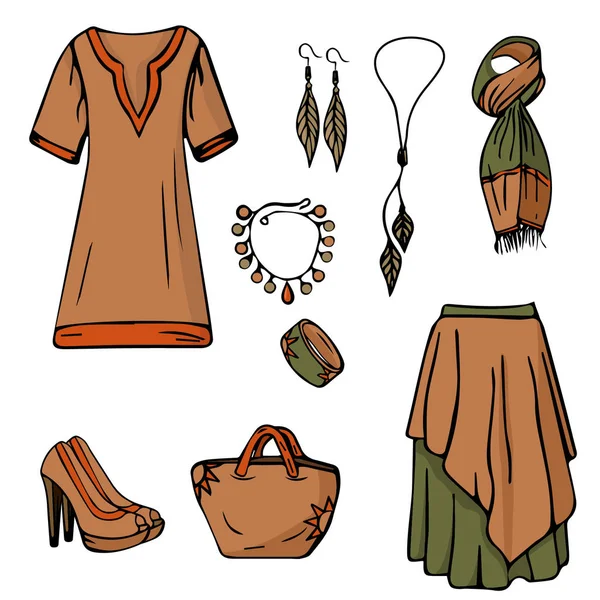 Een Set Dameskleding Sieraden Een Trendy Stijl Hennepkleding Modieuze Etnische — Stockfoto