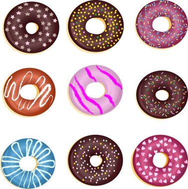 Beyaz arka planda izole karikatür renkli Donuts seti. Üst görünüm.