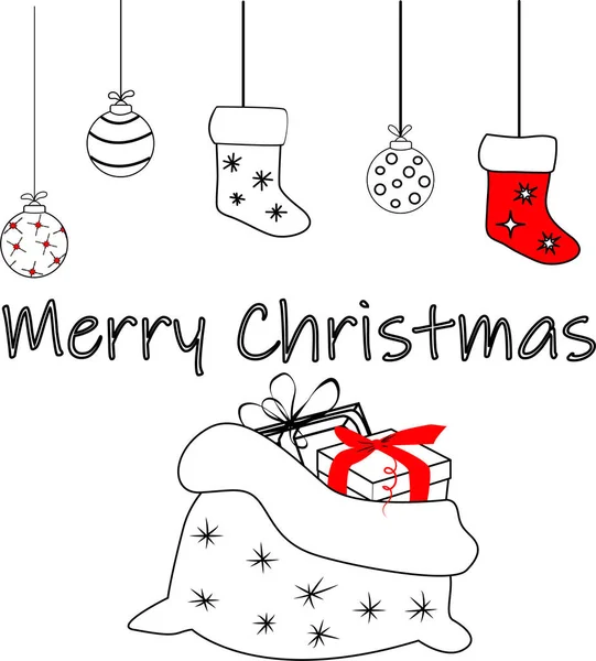 Merry Christmas! banner. Background, coloring, greeting card with a bag of gifts, Christmas sock, Christmas balls, gift boxes, black snowflake. Christmas poster, greeting cards, headers,