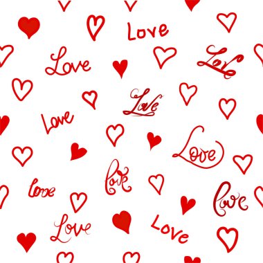 Kırmızı kalpler ve harflerle kusursuz desen, el yazısı aşk kelimeleri. Duvar kağıdı için kullanılabilir, desen dolgular, web sayfası arka plan, yüzey dokular, düğün tasarımı, ambalaj, mutlu sevgililer günü aşk işareti.