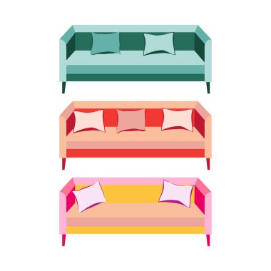 Kanepe. Modern kanepe seti, her amaç için harika bir tasarım. Çok renkli koltuklar var. Lüks dekor tasarımı. Vektör çizimi, düz çizgi film biçimi.