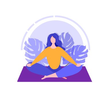 Yoga evde. Vektör çizimi. Kız halının üzerinde lotus pozisyonunda oturuyor. Sağlıklı yaşam tarzı, moda ve güzellik kavramı. Moda tasarımı. Modern düz stil. Kadınlar karantinada