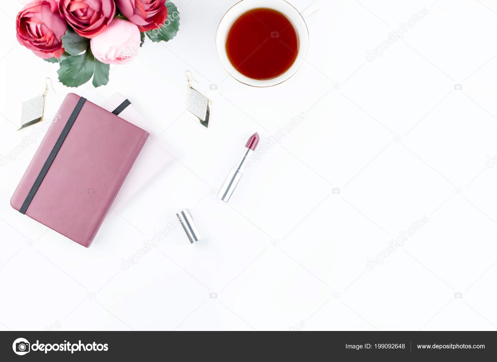 Flat Lay Home Office Desk Feminine Workspace With Diary Flowers