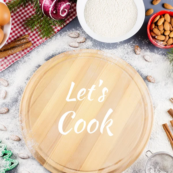 Let\'s cook quote with cutting coard, rolling pin, ingredients in background