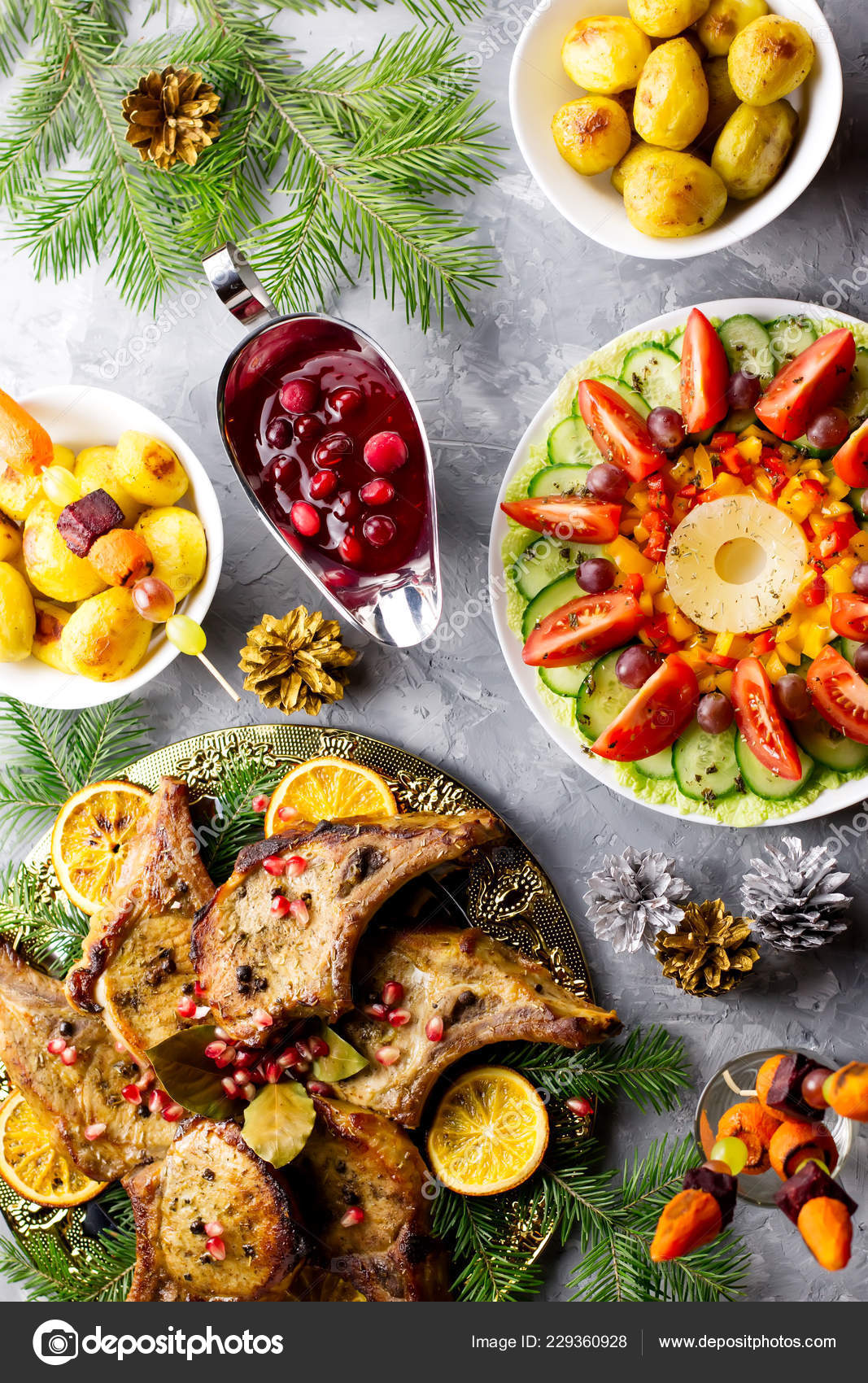 Delicious Christmas Meal Roasted Meat Steak Christmas Wreath Salad Baked Stock Photo C Marythepooh 229360928