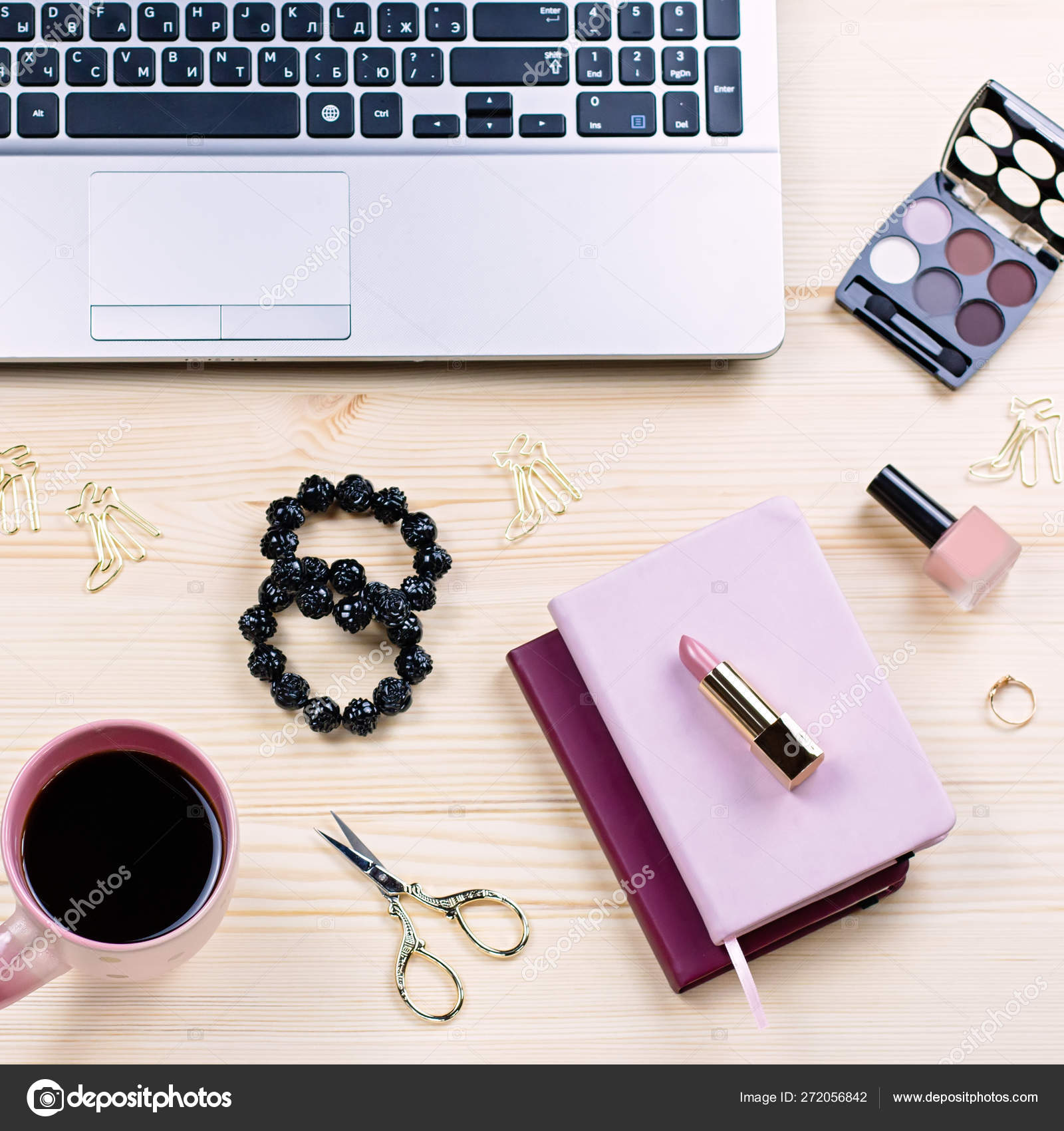 Feminine Office Desk With Stationery Laptop Fashion Accessories