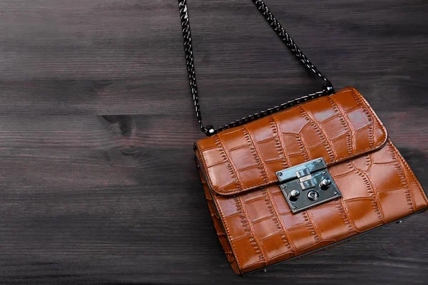 Woman crocodile leather purse or handbag on chain closeup, casual style, top view, copy space