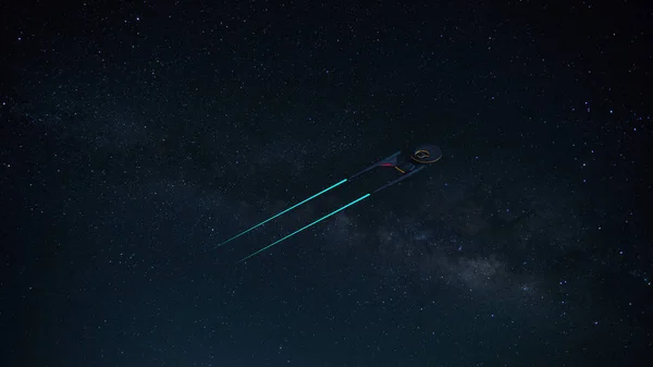 Bilim Kurgusal görüntü derin uzayda bir yıldız gemisi ve arka planda samanyolu. 16:9 Wallpeprer. Starship yazar tarafından tasarlanmıştır