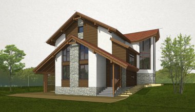 kırmızı çatılı eskiz tuğla ve ahşap ev