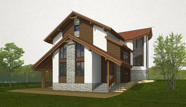Кирпич и деревянный дом с красной крышей — стоковое фото