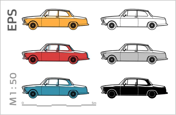 Retro eski bmw araba vektör simgeleri mimari çizim ve illustation için ayarlanmış, sağ görünüm
