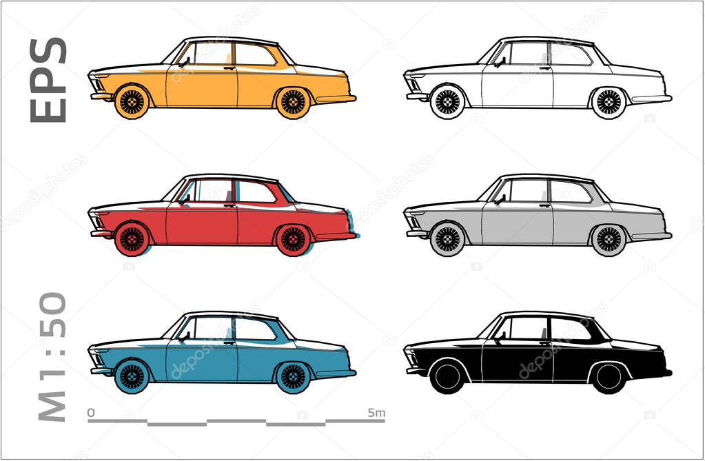 Retro old bmw car vector icons set for architectural drawing and illustation, right view