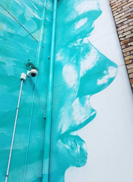 Berwarna geen biru wanita wajah grafiti di halaman belakang — Stok Foto