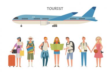 Seyahat etmek için çeşitli stilleri karakter setleri. düz tasarım tarzı minimal vektör illüstrasyon.