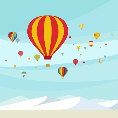  Gökyüzünde yüzen bir sürü sıcak hava balonu. düz tasarım tarzı minimal vektör illüstrasyon.