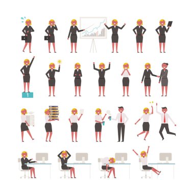 iş kadının çeşitli davranış. düz tasarım tarzı minimal vektör illüstrasyon.