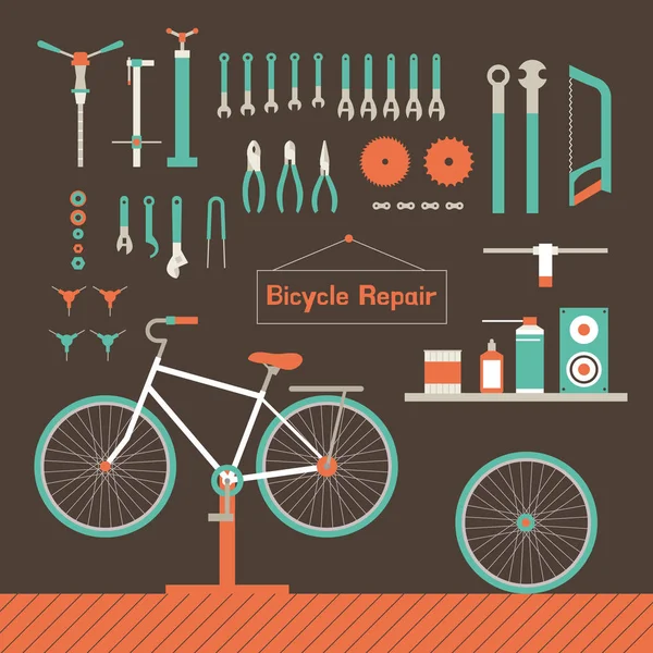 Vari Attrezzi Presso Negozio Biciclette Disegno Piatto Stile Minimale Illustrazione — Vettoriale Stock
