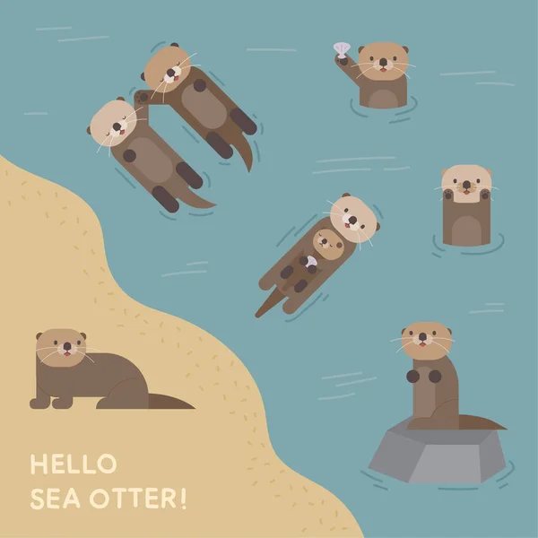 Various Acts Sea Otter Flat Design Style Minimal Vector Illustration — Stock Vector