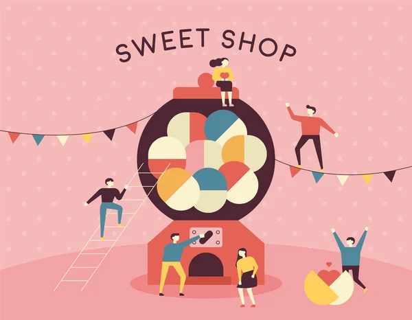 Sweet Shop Postkaart Kleine Mensen Hebben Plezier Rond Snoep Machine — Stockvector