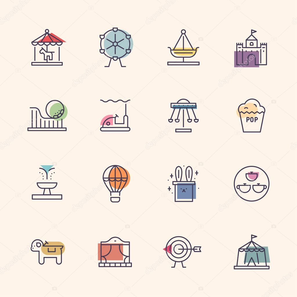 The ride in the amusement park. Line style icons. flat design style minimal vector illustration.