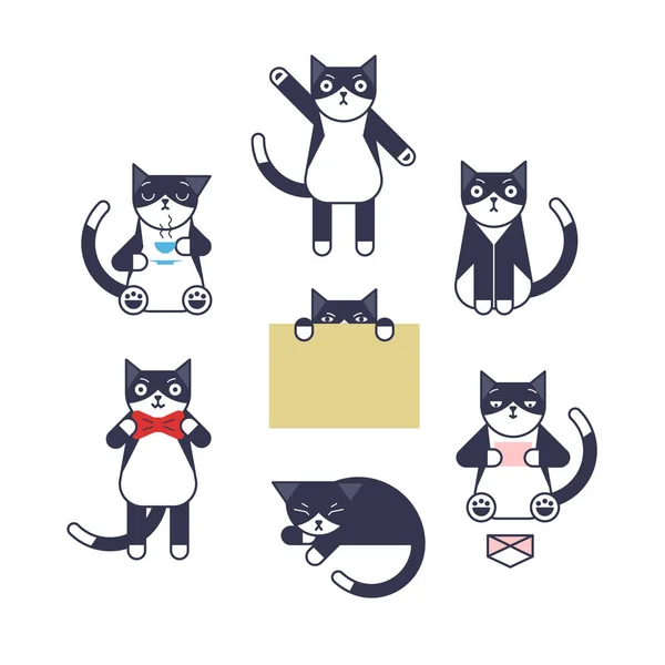 Outline Style Cat Character Set Flat Design Style Minimal Vector — Stock Vector