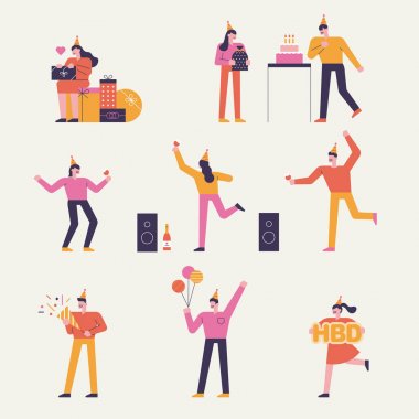 Doğum günü partisinin çeşitli karakterleri.