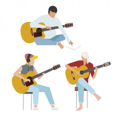Akustik gitar çalan gitaristler. düz tasarım tarzı minimal vektör illüstrasyon.