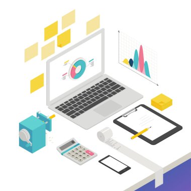 Dizüstü bilgisayar ve ofis malzemeleri ile Office Laptop Isometrik tasarım. düz tasarım tarzı minimal vektör illüstrasyon.