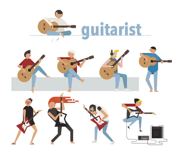 吉他手演奏原声吉他和电吉他 平面设计风格最小矢量插图 — 图库矢量图片