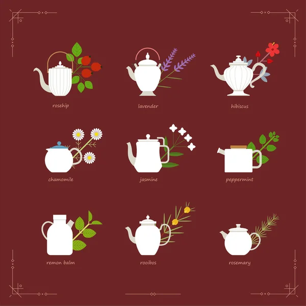 Gyógynövényes Tea Menük Elegáns Teáskannák Különböző Formában Síktervezési Stílus Minimális — Stock Vector