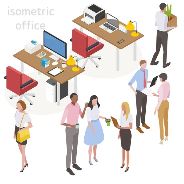 Desk Office Staff Office Supplies Isometric Design Flat Design Style — Stock Vector