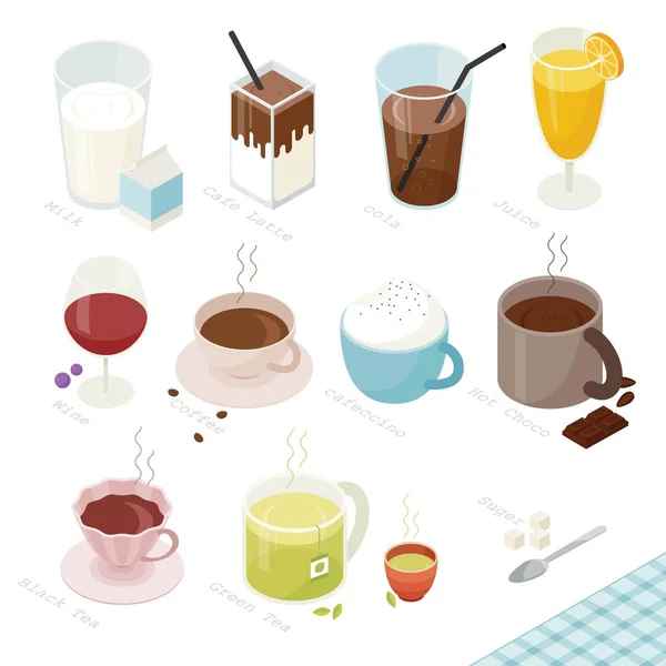 饮料在各种菜单等轴测设计 平面设计风格最小矢量插图 — 图库矢量图片