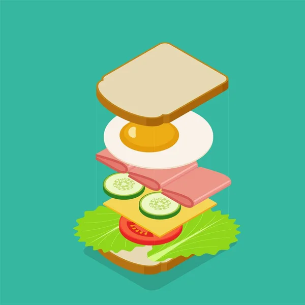 Sandwich Isometrico Disegno Piatto Stile Minimale Illustrazione Vettoriale — Vettoriale Stock