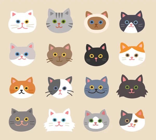 Set Cute Cat Faces Hand Drawn Style Flat Design Style — Stock Vector