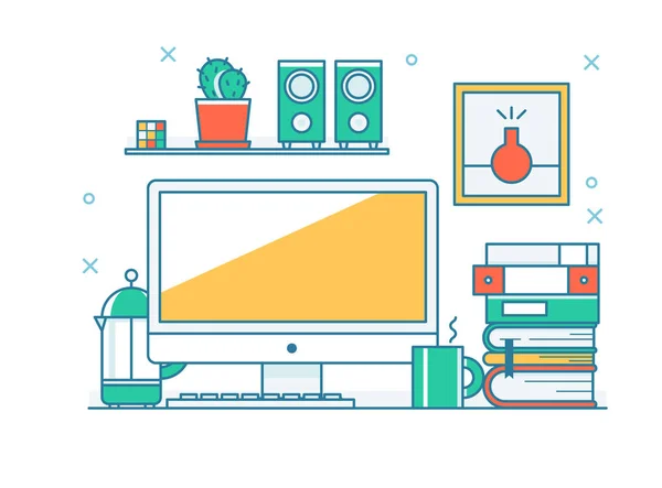 Outline Style Desk Setting Illustration Flat Design Style Minimal Vector — Stock Vector