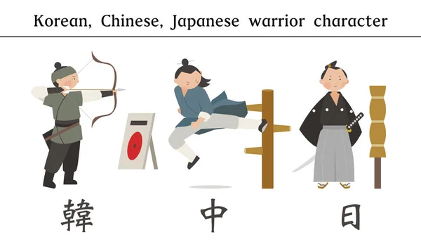 Postacie Męskich Wojowników Ubranych Koreańskie Chińskie Japońskie Stroje Tradycyjne Ilustracja — Wektor stockowy