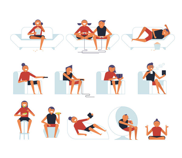 Different poses of people sitting on chairs. flat design style minimal vector illustration.