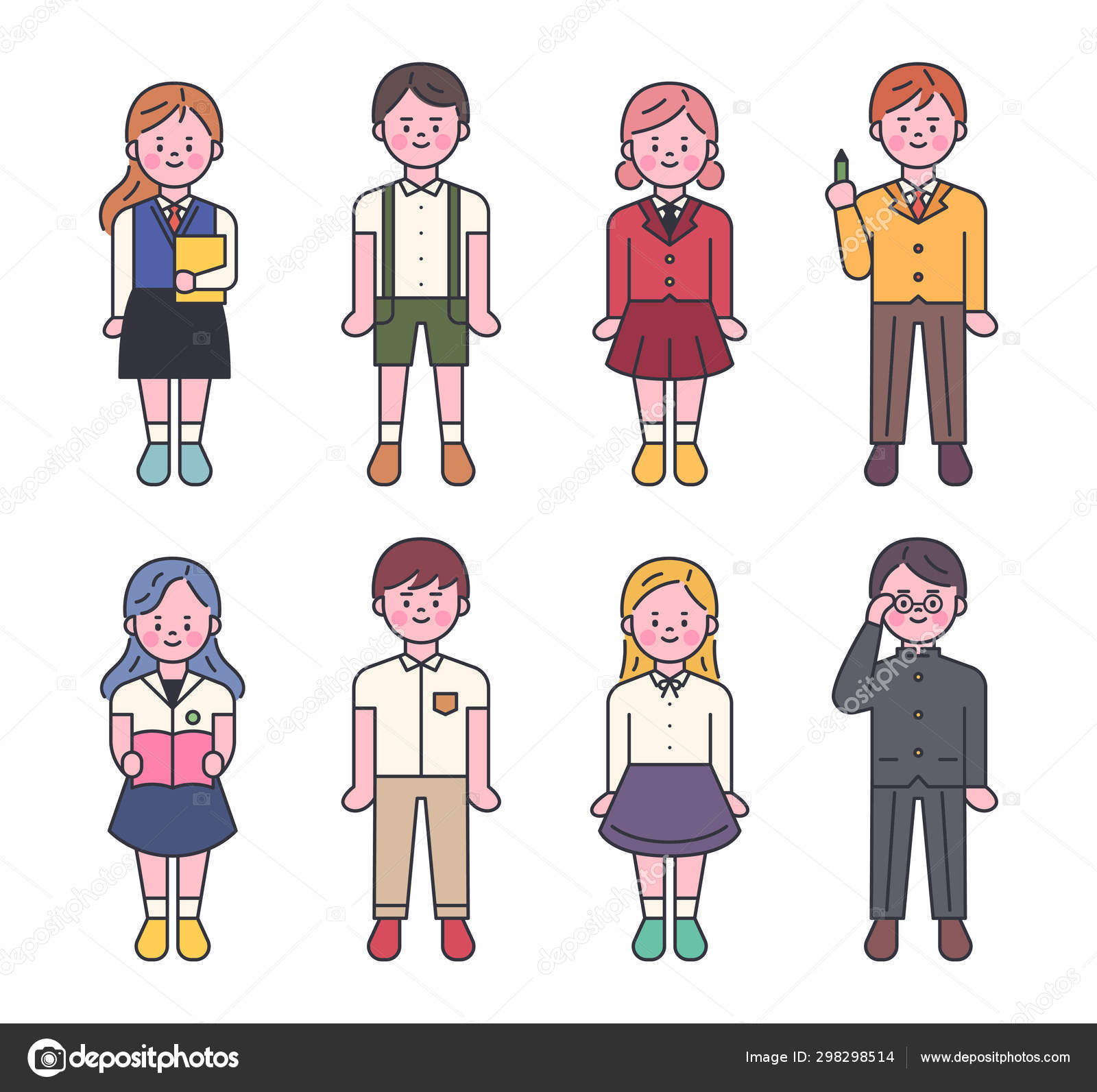 Cute School Uniform Characters Flat Design Style Minimal Vector