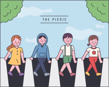 Yaya geçidinde yürüyen sevimli insanlar. Abbey Road konsepti. düz tasarım tarzı minimal vektör illüstrasyon.